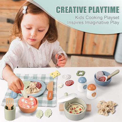 Wooden Play Cooking Set, Pretend Play Kitchen Accessories Toys Set for Kids Toddlers, Including Play Dishes, Pot and Pan, Utensils, Gifts for 3 4 5 Years Old Girls Boys