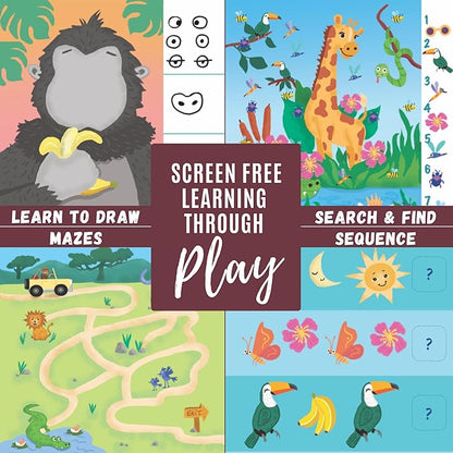 Totebook Kids Travel Educational Activity Book with Washable Markers - Car and Airplane Activities, Learning Toys for Toddlers- Search and Find, Reusable Stickers for Ages 4, 5, 6 (Jungle)