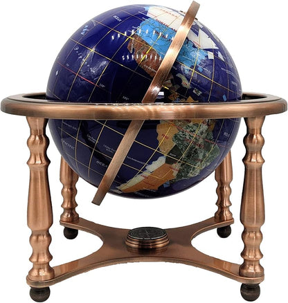 Limited Edition! Unique Art Since 1996 Blue Lapis Table Top Gemstone World Globe with 4 Leg Copper Plated Zinc Alloy Stand (220MM/BLUE OCEAN/4LEG COPPER)