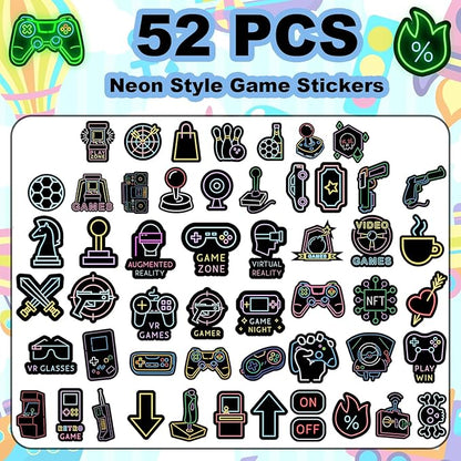52 Pcs Glow in The Dark Neon Game Stickers for Kids, Water Bottle Stickers for Kids Vinyl Waterproof Gaming Laptop Decals for Teens Girls Boys