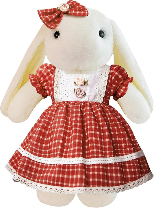 31cm(12") Bashful Bunny Clothes, Cute Plush Animal Clothes for Meddium Teddy Bear - Red Grid Bubble Sleeve Dress & Bow Clip Set (Clothes Only)