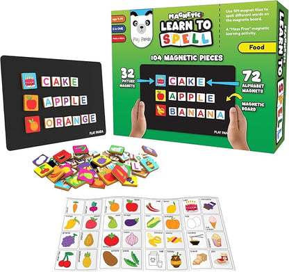 Magnetic Educational Toys for Kids Aged 3 4 5 6 – Learn to Spell Foods| 104 Magnet Pieces – 32 Picture & 72 Letter with Magnetic Board & Spelling Game Guide | Preschool Learning Toy for Girls & Boys