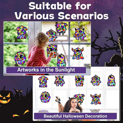 32 Sets Halloween Monster Suncatchers Craft Kit DIY Window Stained Glass Effect Halloween Monster Paper Crafts Home School Classroom Decoration Kid Birthday Gift Creative Art Project Activity Game