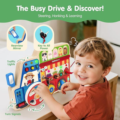 hahaland Montessori Busy Board for Toddlers 3-5, 18-in-1 Wooden Sensory Activity Board with LED Lights & Switches, Educational Montessori Toy for Fine Motor Skills, Travel & Birthday