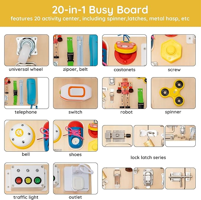 Montessori Large Busy Board for Toddlers 3 Years Old - 20 in 1 Wooden Sensory Educational Toys -Fidget Toys for Autistic Children-Preschool Learning Activities Fine Motor Skills