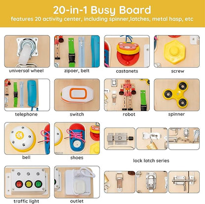 Montessori Large Busy Board for Toddlers 3 Years Old - 20 in 1 Wooden Sensory Educational Toys -Fidget Toys for Autistic Children-Preschool Learning Activities Fine Motor Skills
