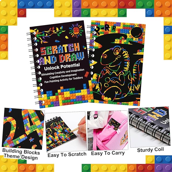Pasimy 48 Set Scratch Art Party Favor Gifts for Kid Building Block Scratch Notebook Bulk Paper Craft for Girl Boy Classroom Prizes Goodie Bag Stuffer Christmas Birthday Party Favor