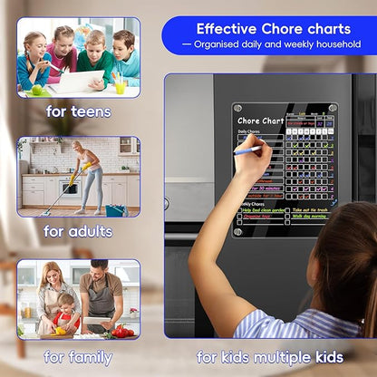 Acrylic Magnetic Chore Chart for Kids & Adult，12" x 9.5" Behavior Responsibility Reward Chart，at Home Clear Dry Erase Refrigerator Board for Multiple Kids & Teens(w/ 8 Markers & Towel)