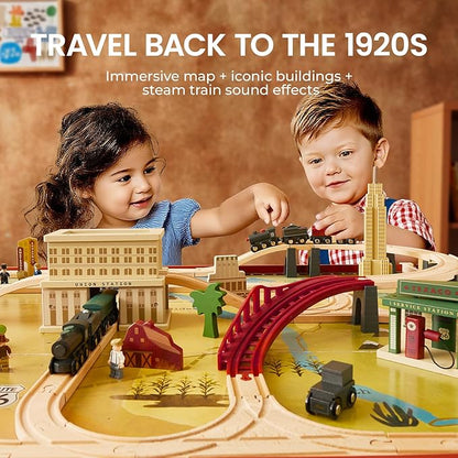 Tiny Land Large Wooden Train Table (47.9”x35.2”), 100PCS Train Set, 3 Storage Bins, Activity Playset for Kids Ages 3+