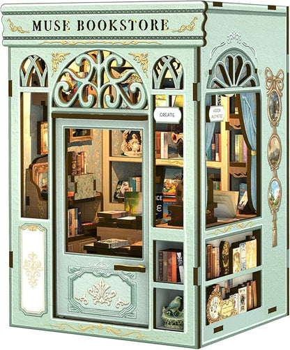 CUTEBEE DIY Book Nook Kit, Miniature House Kits for Adult and Teens, DIY Miniature Book Nook kit with Sensor Led Light, Gifts for Lovers and Family (Muse Bookstore)