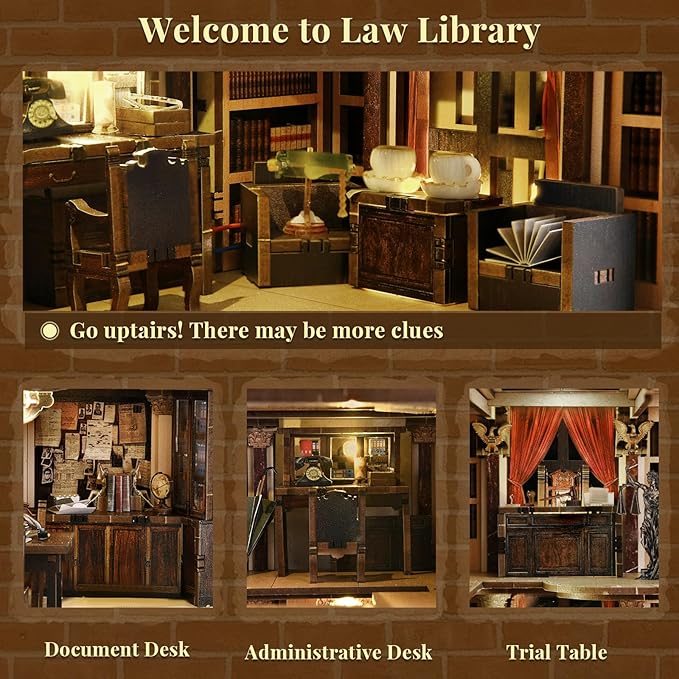 Book Nook Kit Library, DIY Miniature House Kit, 3D Wooden Puzzle Dollhouse Kit for Adults and Teens, Bookshelf Booknook with LED Light (Law Library)