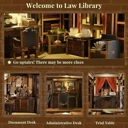 DIY Book Nook Kit, Miniature Dollhouse Booknook Kit, 3D Wooden Puzzle Bookend Bookshelf Insert Decor with LED Light for Teens and Adults (Law Library)