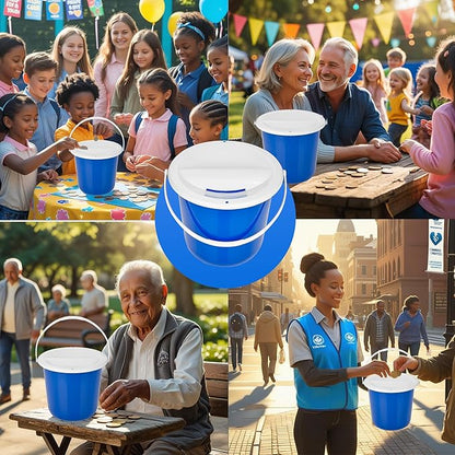 Plastic coin collection Bucket with removable lid and handle charity donation collection money box pail for fundraising with top slot for tickets raffles and money 7.5"Hx8.3"Diameter(Dark Blue) 4 pack