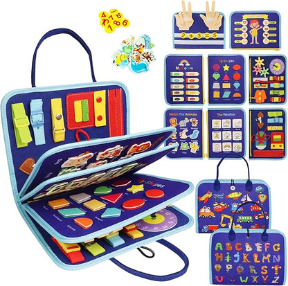 MAJAVI Busy Book for Toddlers 1-3, Montessori Toys Busy Board for 1 2 3 4 Year Old Boy Girl Birthday Gift - 5 in 1 Quiet Activity Book with Life Skills, Cognition, Sorting, Matching, Blue
