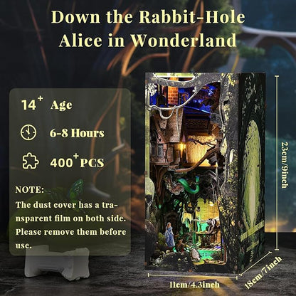 Book Nook Kit, Booknook Kit with Dust Cover for Adult DIY Miniature House Kit 3D Wooden Puzzle Decorative Bookend Bookshelf Decor Gift for Women Teens (Alice Down The Rabbit Hole)