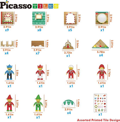 PicassoTiles Magnetic Tile Christmas Holidays Cottage Building Set with Santa Elves Nutcracker 6 Character Figures STEM Educational Construction Toy Winter Magnet Block Gift for Kids Age 3 Plus PTQ08