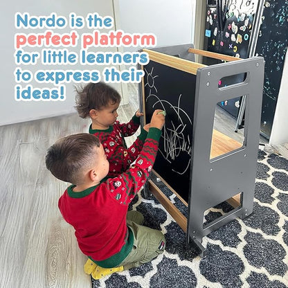 Toddler Kitchen Stools Helper with Adjustable Height and Anti-Slip Protection, Kids Standing Tower with Safety Rail, Kids Montessori Stool with Learning Chalkboard, Gray