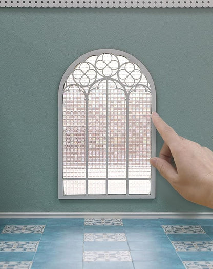 iLAND 1/12 Scale Accessories of Dollhouse Window, Wooden DIY Dollhouse Building Supplies, Complete Miniature Window Kit w/Wooden Frame & Grid Pattern PVC Film