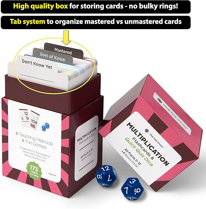 Think Tank Scholar 681 Math Flash Cards & Dice – Learn Addition, Subtraction, Multiplication & Division Facts 0–12, Color-Coded with Games, Charts & Sorting Tabs, Grades K–6 – Jumbo Size (5.2” x 3.1”)