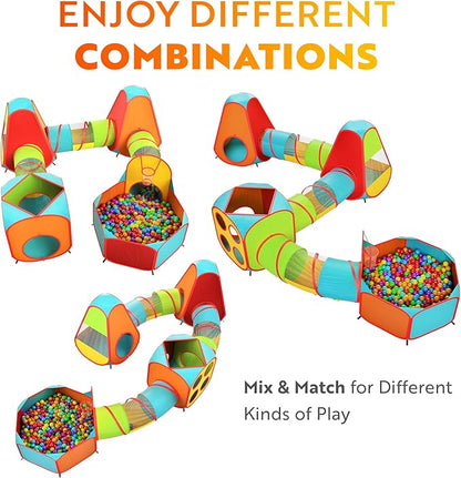Playz 7pc Kids Play Tent with 1 Big Ball Pit for Babies, 3 Play Tunnel for Toddlers, and 3 Pop Up Tents Playhouse Bundle, Best Birthday Gift for Boys & Girls, Indoor & Outdoor Use Portable Play Center