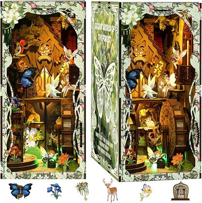 ISSEVE Book Nook Kit, DIY 3D Wooden Puzzle Dollhouse Booknook for Adults, Tiny Miniature House Kit Bookshelf Decor with LED Light and Dust Cover, Gifts for Family and Friends (Forest Secret World)