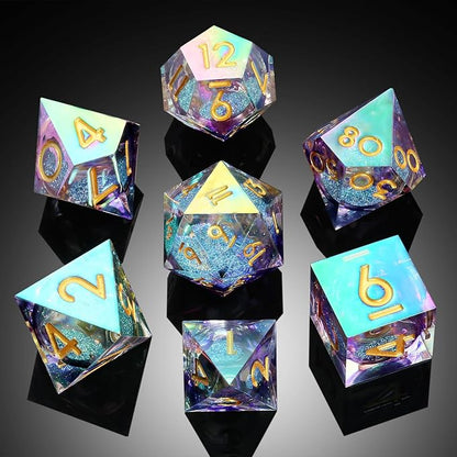 Iridescent Plating Glitter Liquid Core Sharp Dice, DNDND Handmade DND Resin Sharp Edge D&D Die with Gorgeous Gift Case for Dungeons and Dragon Tabletop Games (Iridescent Plating Liquid Core)