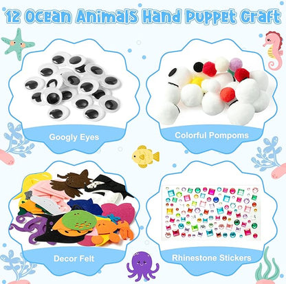 WATINC 12Pcs Hand Puppet Making Kit, Art Craft Felt Sock Puppet Toys, Creative DIY Make Your Own Pompoms Wiggle Googly Eyes Storytelling Role Play Party Supplies Gift for Girls Boys (Ocean Animals)