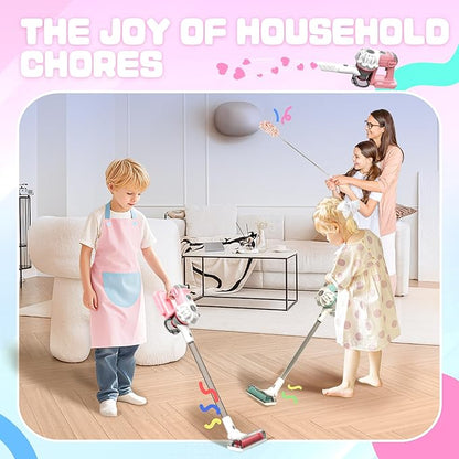 SMILESSKIDDO Kids Vacuum That Really Works - 3-in-1 Toy Vacuum with Real Suction, Apron, Cleaning Cloth, Duster & Colorful Beads, Toddler Cleaning Toy Set, Housekeeping Toy Gifts for Girls & Boys