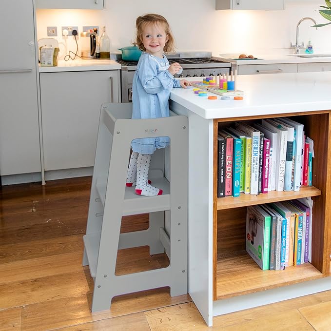 Stepup Baby Toddler Step Stool - Adjustable Height Kids Helper Step Stool, Durable, Non-Slip & Bathroom Sink, Platform for Kitchen, Toddler Tower for Exploration and Growth - Grey