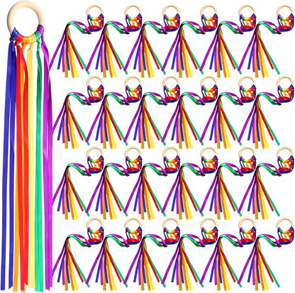 Junkin Ribbon Rings Hand Kite Waldorf Toys Dancing Wrist Ribbons Rainbow Streamers with Wood Ring Educational Toy for Playroom Dancing Birthday Party Gift(Bright Color,24 Pcs)