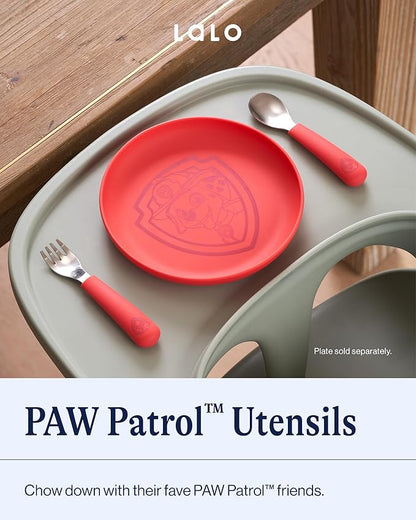 Lalo PAW Patrol Utensils - Toddler Fork and Spoon Set - Stainless Steel and Silicone Ergonomic Toddler Utensils - Children Safe Flatware Set - 2 Pieces - Marshall