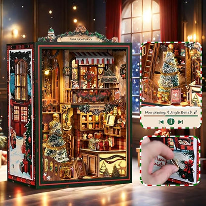 Christmas Shop,Book Nook Kit for Adults: Wooden 3D Puzzle DIY Miniature House Kit Tiny House with Lights and Music，Dollhouse Craft for Adults, Teens & Beginners，Gift for Family, Friends