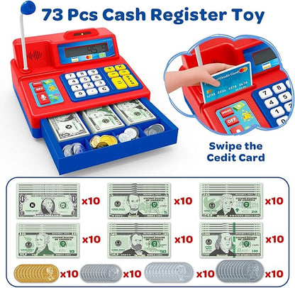 Calculator Cash Register - 103 Pcs Toy Cash Register, Microphone, Credit Card and Banking for Kids, Early Math Skills Toys Gifts for 3, 4, 5, 6 7 8+ Years Old Boys Girls
