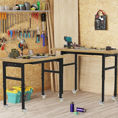 48'' Adjustable Workbench, Solid Wood Work Bench Table with Wheels and Power Outlet, Rolling Workbench with Drawers, Large Load Capacity Garage Workbench for Workshop,Office,Home