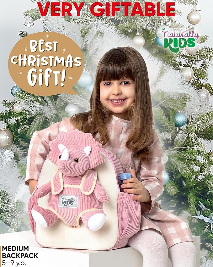 Naturally KIDS Pink Dinosaur Toys for Girls 4-5, Triceratops Toy, Dinosaur Gifts for 4 Year Old Girls, Gifts for 5 Year Old Girl, Toddler Backpack