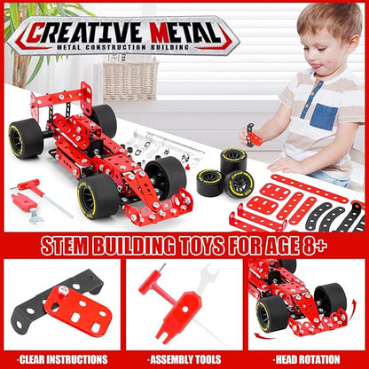 Building Car Metal Model Kits,STEM Building Toys Model Car Kits for Boys 8-12,Erector Sets 1:20 Scale Red Racing Car Metal Building Blocks for Kids Boys 8 9 10 11 12-16 Years Old