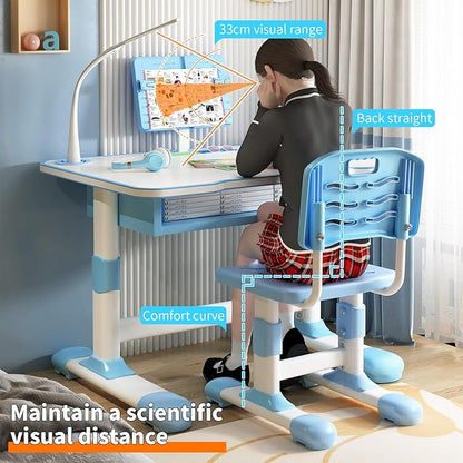 2025 NEW Kid's Study Desk and Chair Set, Ergonomic Height Adjustable Children Study Desk with Tilt Desktop, Book Stand, Light, Metal Hook and Storage Drawer,Gift for Boys Girls (Blue 70cm light)