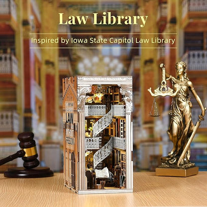 DIY Book Nook Kit, Miniature Dollhouse Booknook Kit, 3D Wooden Puzzle Bookend Bookshelf Insert Decor with LED Light for Teens and Adults (Law Library)