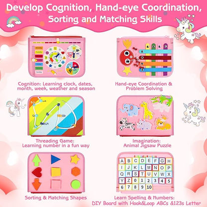 Esjay Toddler Busy Board Montessori Toys for Girls, Sensory Board Educational Activities for Learning Fine Motor Skills, Birthday Gifts for Girls Toddlers, Travel Toys for Airplane Car, Fairy Horse
