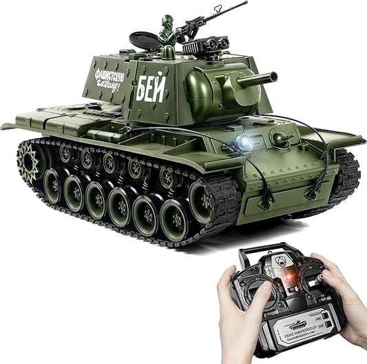 1:18 RC Tank, 2.4Ghz Soviet Union KV1 Remote Control Tank Model Toys, 15 Channel Battle Army Toy with Smoke, Light and Sound, Military RC Vehicle for Adult and Kid that Shoot BBS and Water Bomb