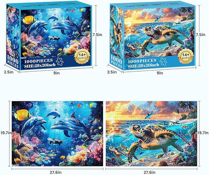 2 Pack Puzzles for Adults 1000 Pieces-Sea Turtle & Dolphins Difficult Jigsaw Puzzles for Adults,Hard Jigsaw Puzzle Decorations DIY Leisure Game Toy Suitable Family Friends(27.5x20 inches)