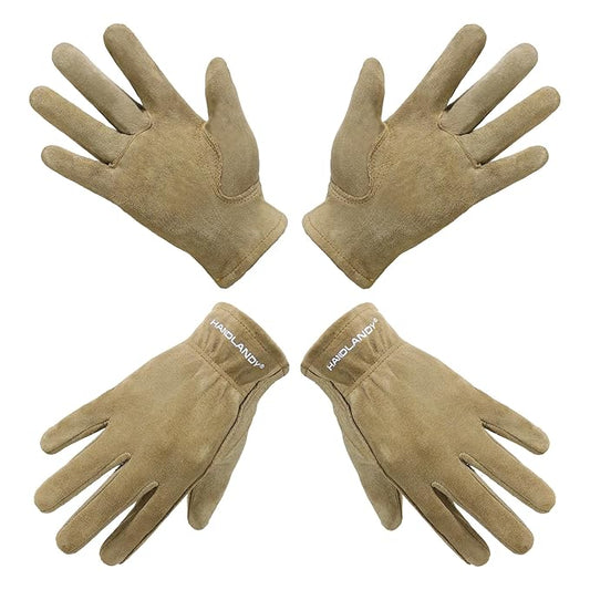 HANDLANDY Kids Genuine Leather Work Gloves for ages 3-11, Children Gardening Gloves for Boys, Girls (Large (age8-11), 2 pairs)