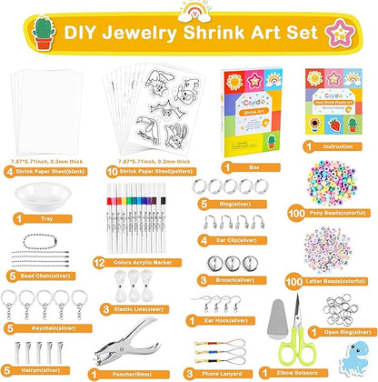 286 PCS Shrink Art Paper Kit Includes 14 PCS Shrink Plastic Sheets and 272 PCS DIY Accessories and Tools, Shrink Dink Kit for Bracelet Earring Making, Great Christmas Presents