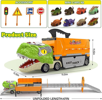 Dinosaur Carrier Truck Race Track Toys for Kids 3-5, Large Toy Cars Track Set with 8 Small Dinosaur Cars, T-Rex Transport Carrier, Christmas Birthday Gifts for 3 4 5 6 7 Year Old Toddler Boys Girls