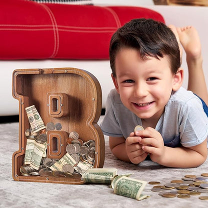 Summidate Customized Name Extra Large Wooden Piggy Bank for Kids Boys Girls Alphabets Letter A-Z Coins Bills Money Change Saving Box (Laser Engraved) Educational Toys 12"- Letter B