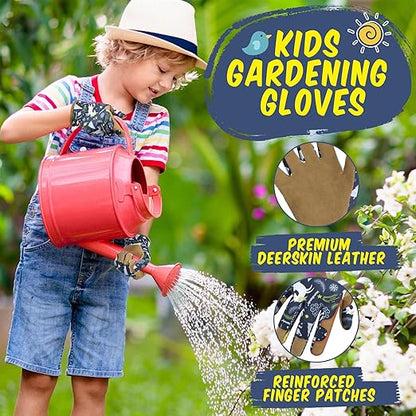 HANDLANDY 2 Pairs Kids Genuine Leather Gardening Gloves for ages 3-11, Children Toddler Work Outdoor Playing Gloves for Boys Girls Gift (Medium (for age 5-7), Blue)