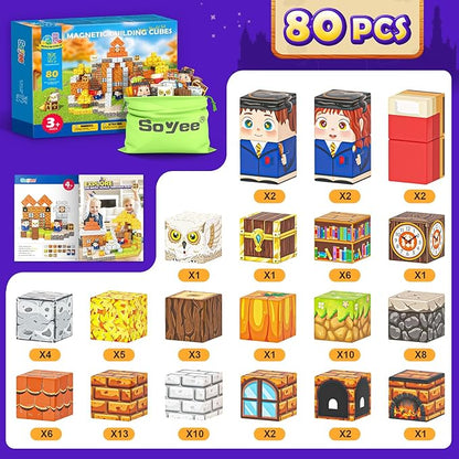 Magnetic Blocks - Build Mine Magnet World Magic World Adventure Set, 1’’ Magnet Cubes Kids Sensory Toys for Kids Age 3-5 5-7 8-12, Building Blocks Gift for 3 4 5 6 7 8 9 10 Year Old Boys & Girls