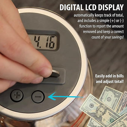 Locking Digital Coin Bank Savings Jar - Pennies Nickles Dimes Quarter Half Dollar Change Counter | Clear Jar with LCD Display