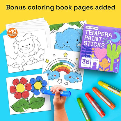 ARTISTRO 100% Washable Tempera Paint Sticks for Kids - 36 Non-toxic Paint Markers for Kids - Color Sticks with Twist Design, Coloring Pages Included