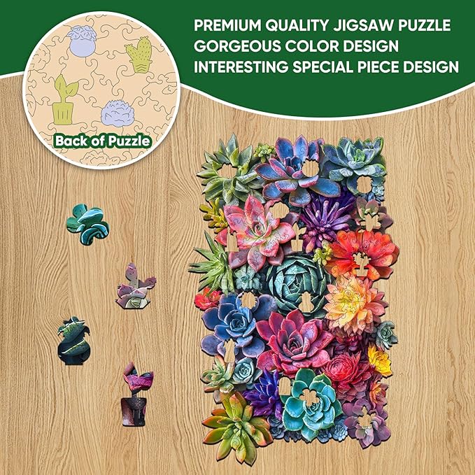 delobil Rectangular Succulent Wooden Puzzles, 200 Pieces Jigsaw Puzzles 12.6'' x8'', Unique Design Liberty Wooden Puzzles for Adults and Kids, Family Game Gift Royal Size
